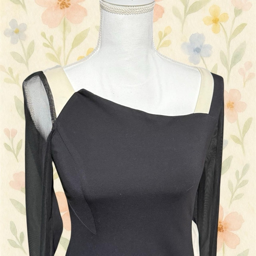 Eva Franco Simone Dress Black Cream Colorblock Mesh Sleeve Bodycon 6 - Picture 2 of 6